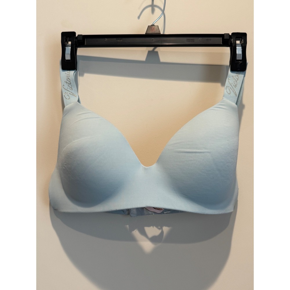 Victorias Secret Light Blue Wireless T-Shirt Bra Glitter Logo Straps 34D *flaw*